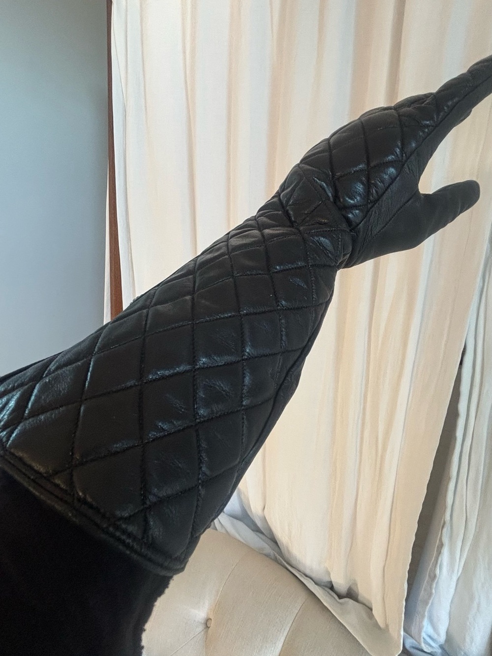 Black Quilted Long Leather Gloves - Men Accessories
